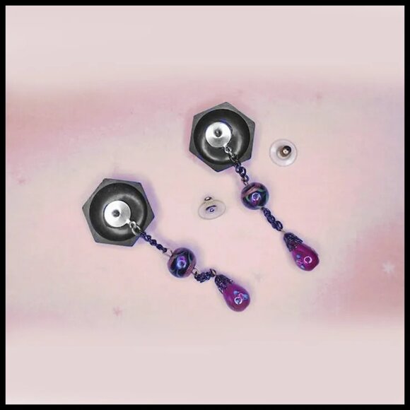 Black Burgundy Long Dangle Earrings Made With Vintage OOAK One of a Kind - Picture 6 of 9